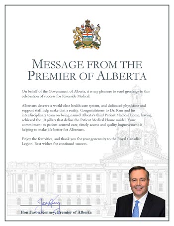 Riverside Medical Message from the Premier of Alberta350