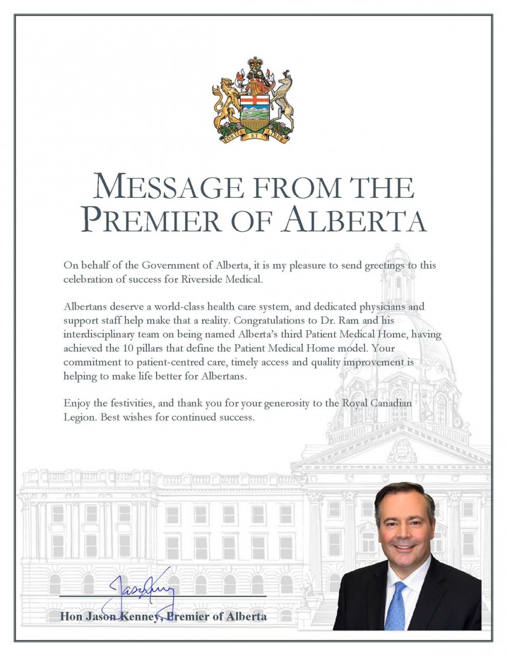 Riverside_Medical_Message_from_the_Premier_of_Alberta